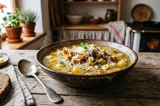 Czech Garlic Soup with Potato, Cheese and Croutons