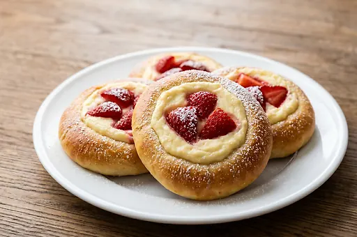 Yeast buns with quark filling and strawberries