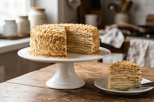Russian Napoleon Cake with Crispy Puff Pastry Layers and Butter Cream