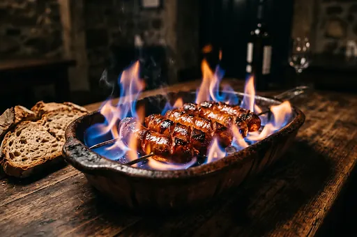 Portugalská flambovaná klobása Chouriço na brasa