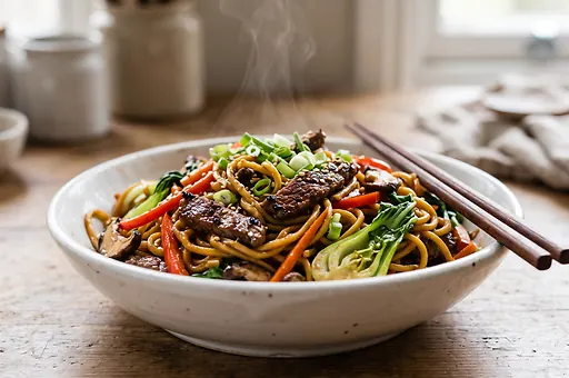 Lo mein z wołowiną i smażonymi warzywami