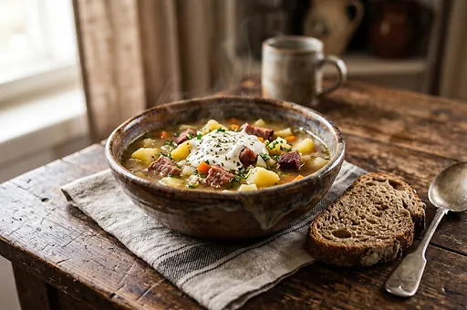 Slovak potato soup with smoked pork