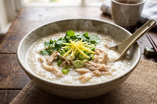 Congee ryżowa owsianka z kurczakiem i imbirem