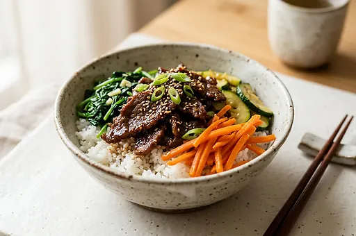 Bibimbap z wołowiną i warzywami