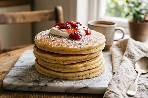 Fluffy Yeasted Pancakes with Sour Cream and Jam