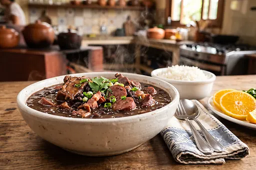 Feijoada s čiernou fazuľou a bravčovým mäsom