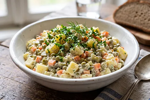 Czech potato salad with peas and salami