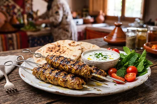 Moroccan Lamb Kebab with Harissa and Mint
