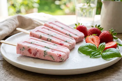 Strawberry Basil Frozen Yogurt Popsicles