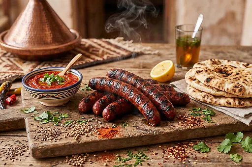 Grilled lamb merguez sausages with harissa
