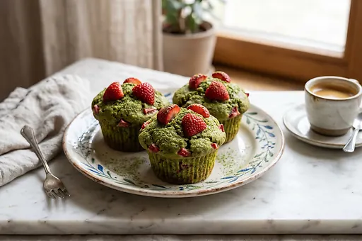 Matcha muffins with strawberries