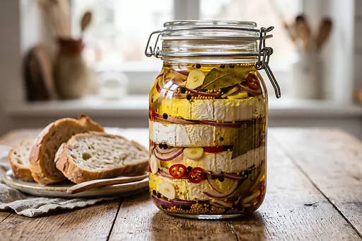 Marinated camembert with chilli peppers and mustard seeds