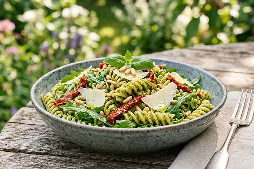 Sałatka makaronowa z pesto i suszonymi pomidorami