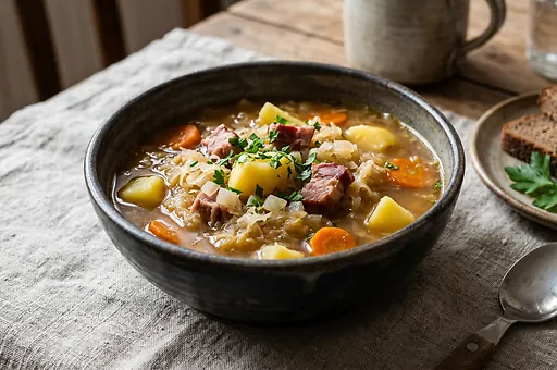 Sauerkraut Soup with Smoked Meat and Potatoes