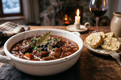 Venison Goulash Braised in Red Wine with Juniper