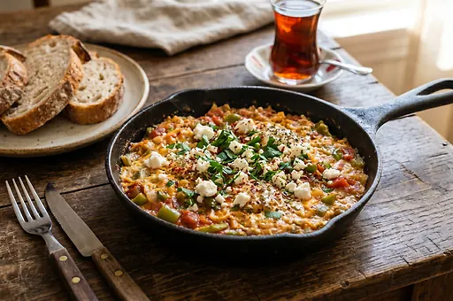 Menemen, Turkish scrambled eggs with tomatoes and feta