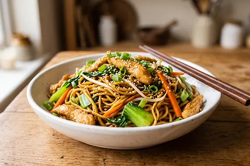 Smażony makaron chow mein z kurczakiem