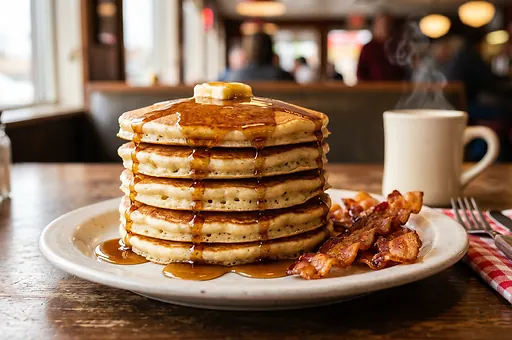 American Pancakes with Bacon and Maple Syrup