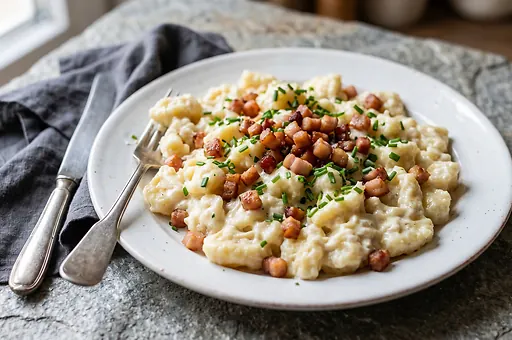 Potato dumplings with bryndza sheep cheese and bacon