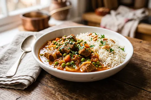 Braised lamb with peas and rice bazella w riz