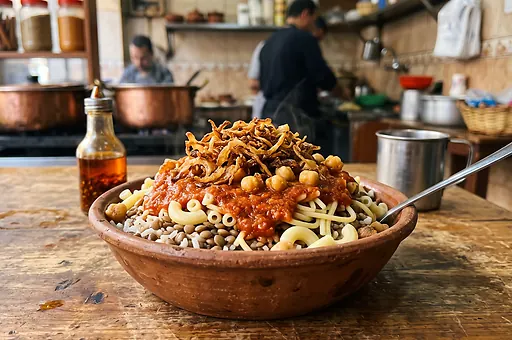 Egyptian koshari with lentils, rice and macaroni