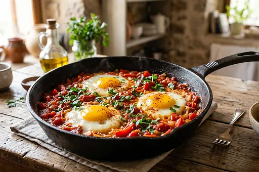 Shakshuka, Middle Eastern eggs with tomatoes and peppers