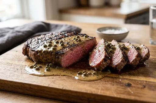 Grilled Beef Steak with Peppercorn Sauce