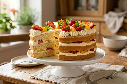 Sponge Cake with Vanilla Cream and Fruit