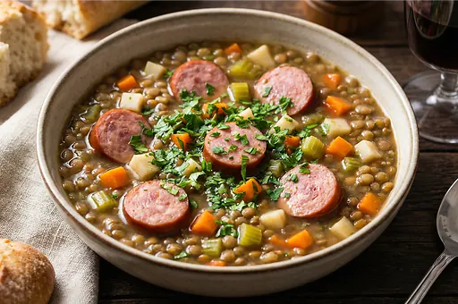 Lentil soup with smoked sausage and vegetables