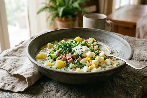 Kefir okroshka with potatoes and eggs