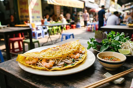 Vietnamské palacinky bánh xèo s krevetami a klíčkami