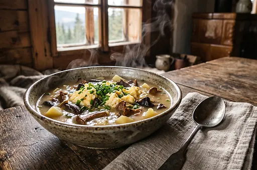 Kyselo karkonoskie z grzybami i jajkami