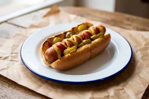 Hot dog with pan-fried sausage in a bun