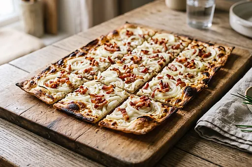 Śmietanowy flammkuchen z cebulą i boczkiem
