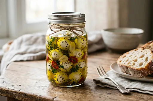 Marinated mozzarella balls with chilli, garlic and herbs