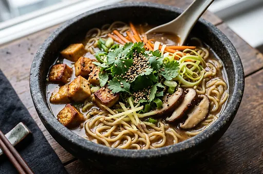 Wegański ramen z tofu i shiitake