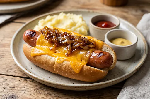 Grillowany hot dog z karmelizowaną cebulą
