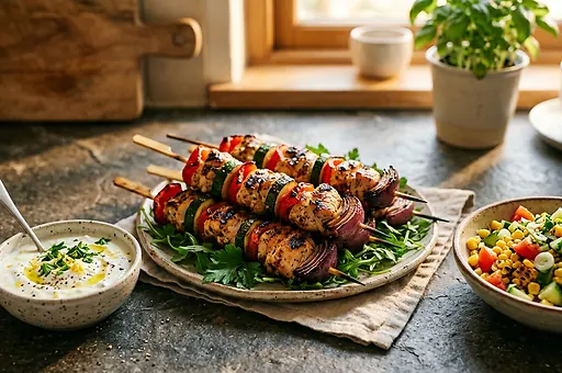 Grilled Chicken Skewers with Herb Yogurt and Corn Salad