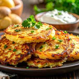 Crispy potato pancakes with garlic and marjoram