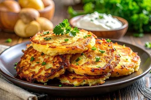 Crispy potato pancakes with garlic and marjoram