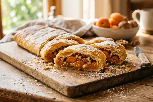 Apricot strudel from puff pastry