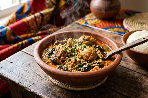 Nigeryjska zupa egusi z kurczakiem i szpinakiem