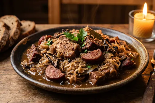 Bigos s klobásou, houbami a zelím