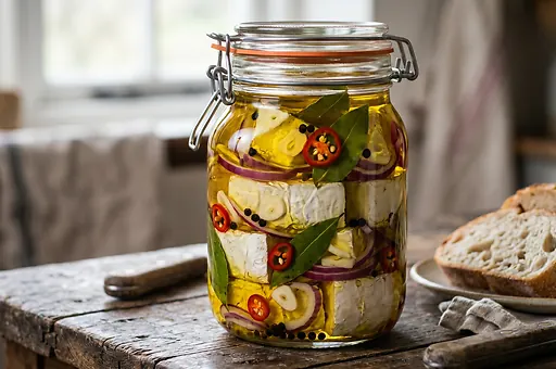 Marynowany camembert z czosnkiem, cebulą i chili