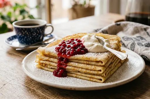 Szwedzkie naleśniki pannkakor z żurawiną i bitą śmietaną