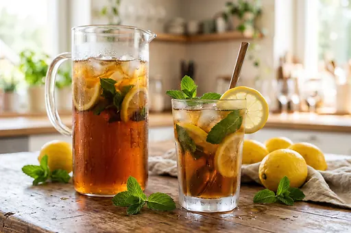 Homemade iced tea with lemon and mint