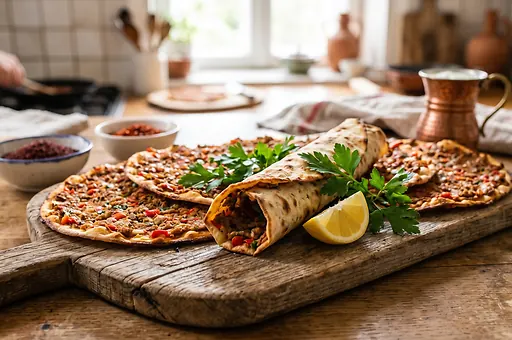 Lahmacun s kořeněným mletým masem a bylinkami