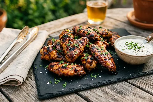 Grilled Chicken Wings with Honey Marinade and Chive Dip