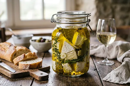 Marinated camembert with thyme, rosemary and garlic