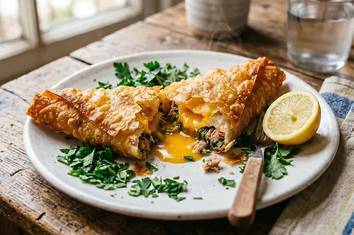 Tunisian brik filled with egg and tuna